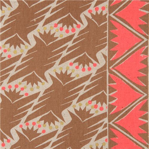 Kokka metallic gold and brown canvas fabric with flower ornament pattern
