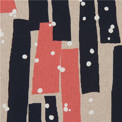 echino dot abstract art canvas fabric in natural color with dark blue rectangles