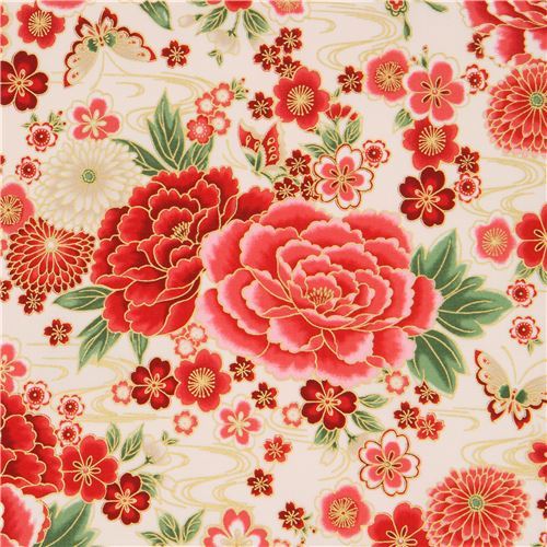 cream fabric by Robert Kaufman with red peonies