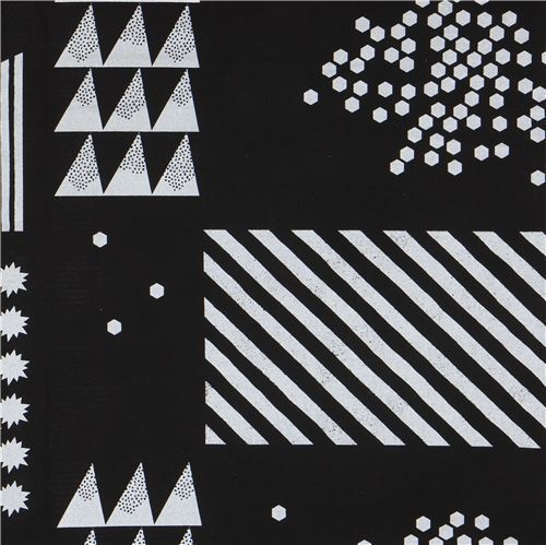 black echino canvas fabric with shapes and silver metallic embellishment