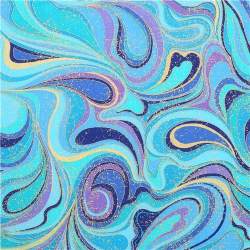 blue swirl marbling fabric Timeless Treasures Palazzo Gold