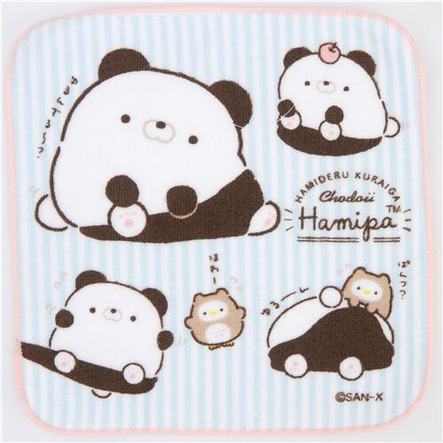 San-X light blue and white striped tea towel with Hamipa panda