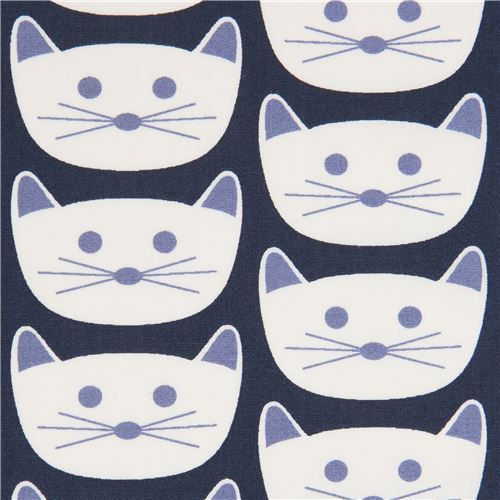 cat face Art Gallery Fabrics knit fabric in navy blue