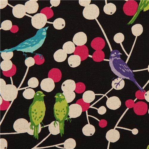 black echino birds and berries canvas fabric cherry