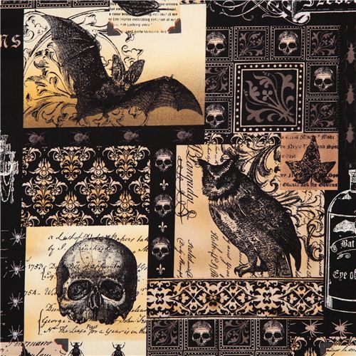 black skull fabric by Michael Miller owl bat