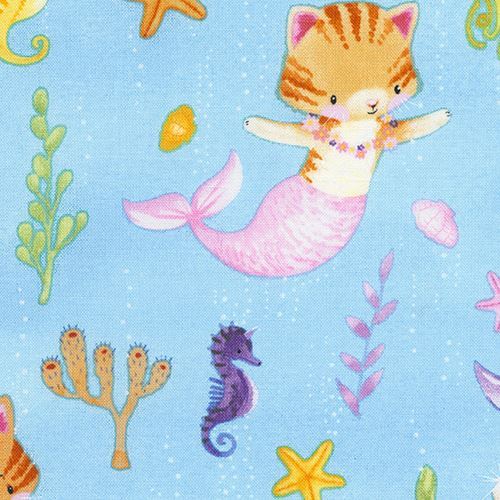 blue fabric with cat mermaids and sea creatures