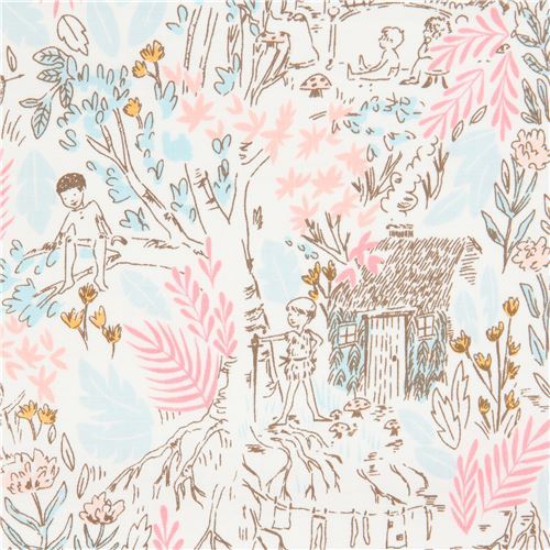 off-white Peter Pan and children fabric by Michael Miller