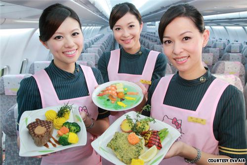 The food is almost too cute to eat and all flight attendants wear Hello Kitty aprons The food is almost too cute to eat and all flight attendants wear Hello Kitty aprons
