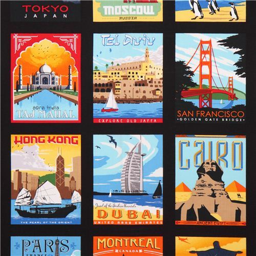 black travel city poster Cheater  fabric Robert Kaufman Dream Vacation