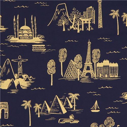 navy blue fabric with landmark gold metallic Lawn fabric by Cotton and Steel