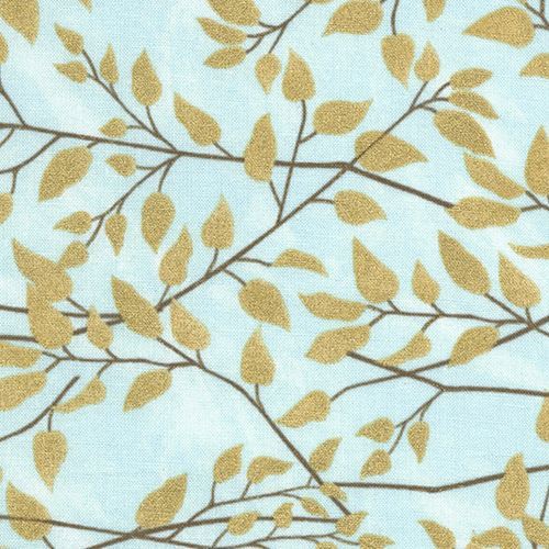 blue fabric with leaf gold metallic by Timeless Treasures