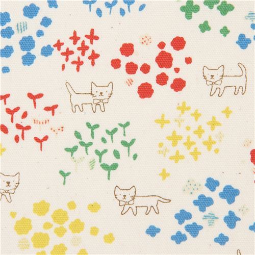 cat animal oxford natural color with colorful flower fabric by Kokka