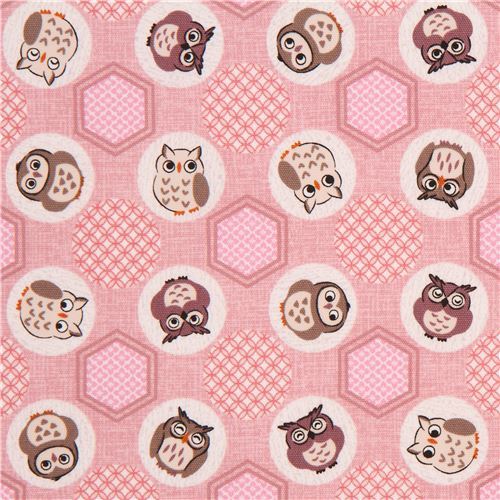 mauve cute owl animal circle hexagon Oxford fabric from Japan