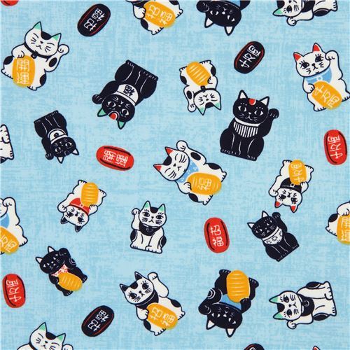 Trans-Pacific Textiles light blue lucky cat fabric