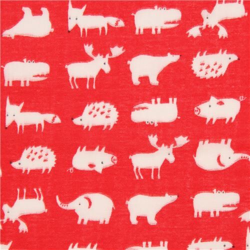 red Lecien Double Gauze fabric with off-white fox hippo bear animal