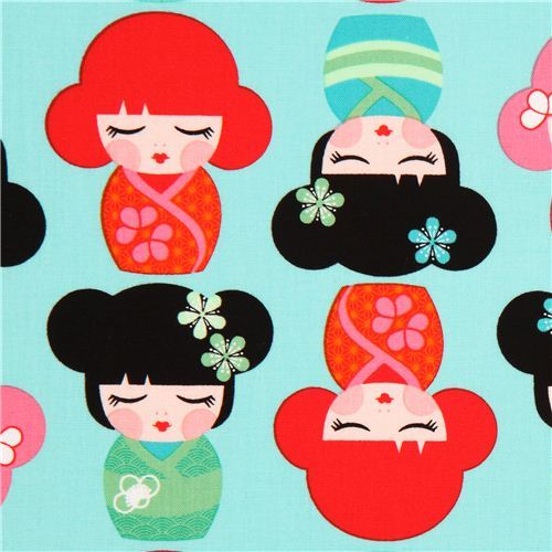 turquoise Kokeshi doll fabric by Robert Kaufman USA