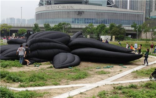 This flower exhibit was just being inflated