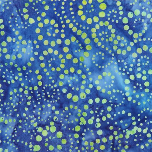 blue batik fabric with lime green dots by Robert Kaufman