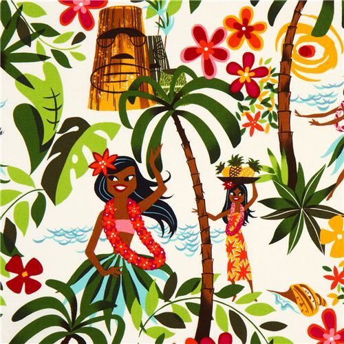 white hula girls laminate fabric by Alexander Henry Hawaii