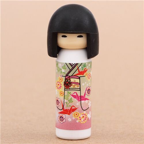 green-pink Japanese Kokeshi dolls eraser flowers origami cranes from Japan