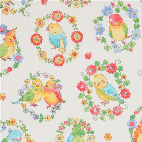 Kokka oxford fabric in light cream with colorful budgies
