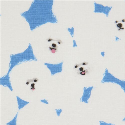 blue Kokka Kotorinuno canvas fabric with white bichon frise dogs