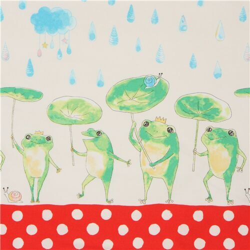 light cream double border oxford fabric with frogs in the rain by Kokka