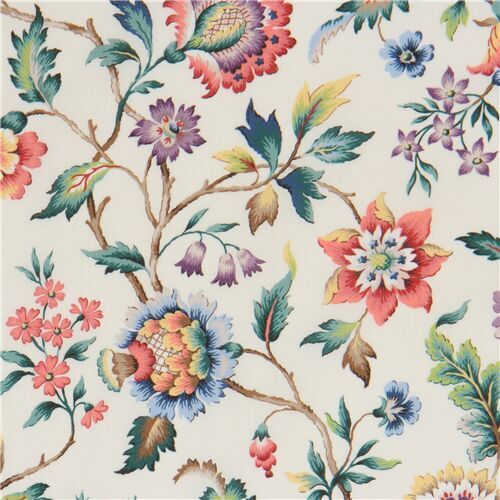 Liberty Fabrics Tana Lawn cotton light cream fabric with Jacobean flowers