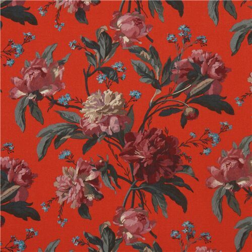 orange-brown Liberty Fabric Tana Lawn cotton fabric with roses and peonies