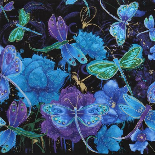 Timeless Treasures metallic dragonfly fabric in black