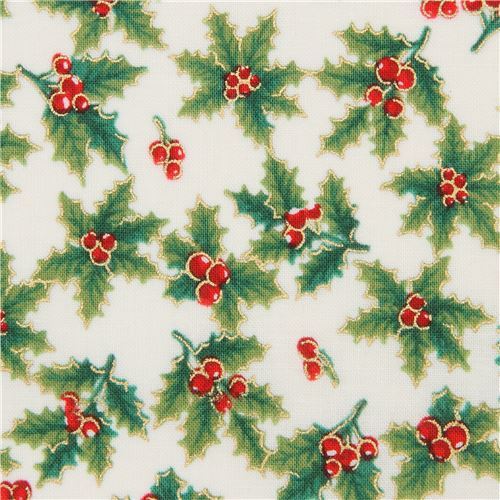 metallic gold Christmas fabric in cream with green holly and berries