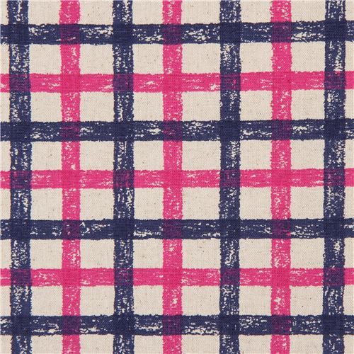 checkered canvas fabric by Cosmo with pink and dark blue stripes