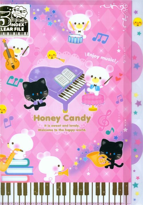 pink cute bear cat chick musical instrument 5-pocket A4 file folder