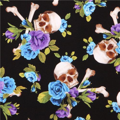 black fabric blue purple flowers big Skull cross bones Michael Miller 