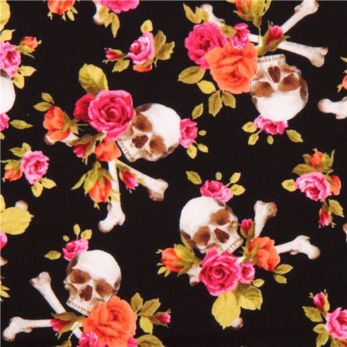 black fabric pink orange flowers Skull cross bones 'Charm Skull' Michael Miller 