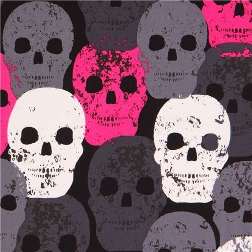 black fabric with pink grey white Skulls 'Skull of Rock' Michael Miller 