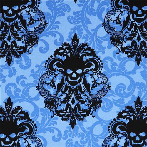 light blue fabric with blue black leaf and Skulls 'Goth Damask' Michael Miller 