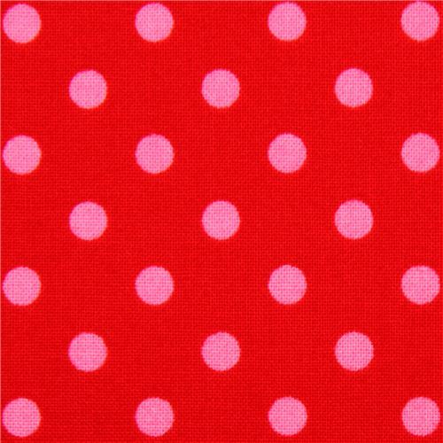 red Michael Miller fabric small pink polka dots