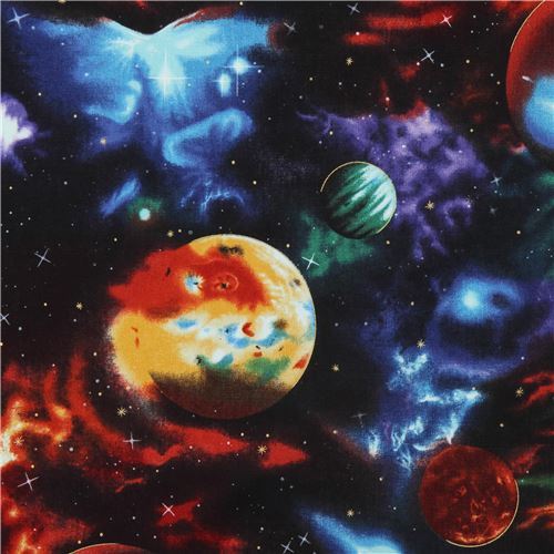 black Robert Kaufman space colorful planet gold metallic fabric Stargazers 5