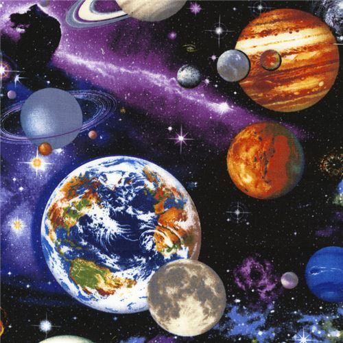 black colorful universe space fabric with planets by Timeless Treasure