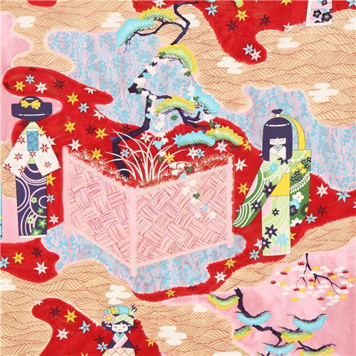 Alexander Henry Anesama Japanese doll fabric red