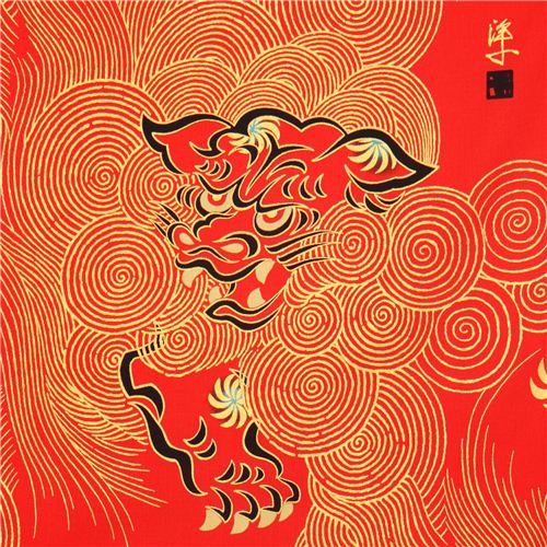 red Alexander Henry Chinese lion fabric with gold