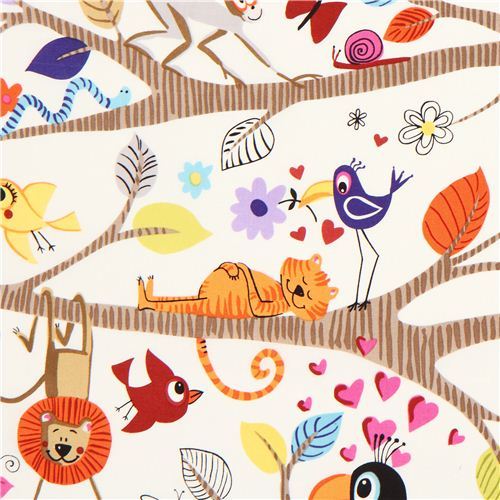 white animal fabric monkey bird lion Alexander Henry USA