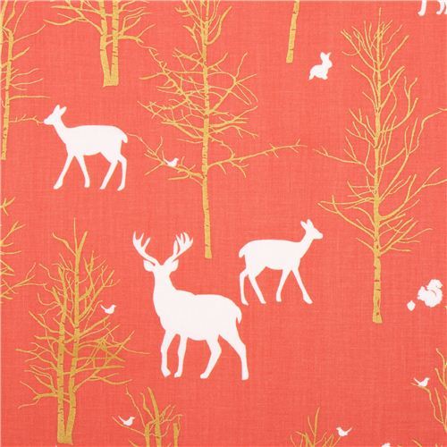 Timber Valley Coral deer forest fabric by Michael Miller
