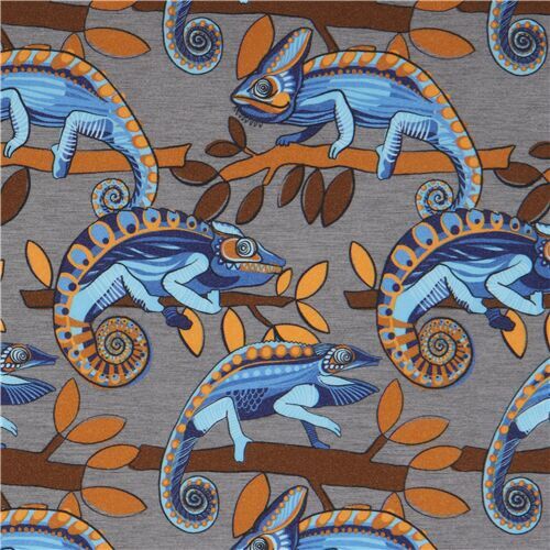Lillestoff Summersweat grey organic knit fabric with blue chameleons