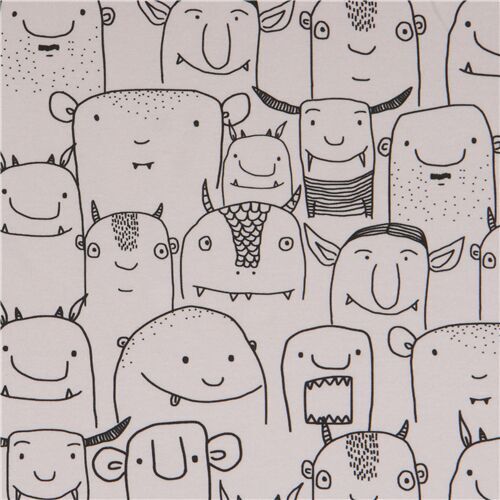 Lillestoff light grey jersey organic knit fabric with monsters