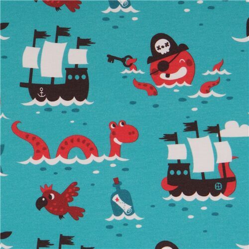 Lillestoff organic jersey knit fabric in sea green with pirate ships and octopus