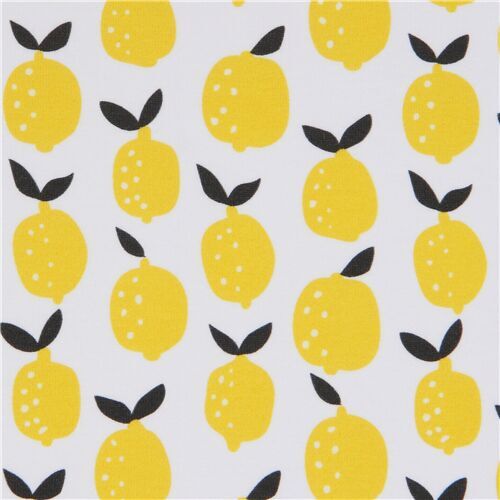 white jersey organic knit fabric with yellow lemons by Lillestoff