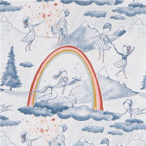 white organic jersey knit fabric with rainbows and unicorns by Lillestoff
