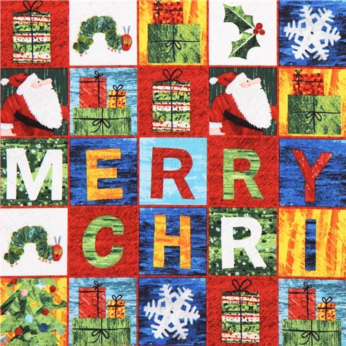 red The Very Hungry Caterpillar square Christmas fabric Andover USA